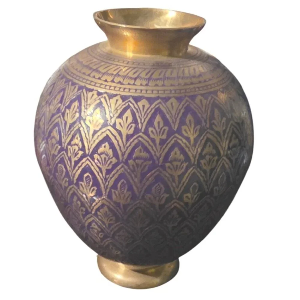 Vintage Brass‎ & Enamel Purple Jar Engraved Handcrafted Lid - 7 X 4